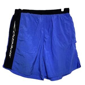 Vintage Speedo Swim Trunks 90s Pocket Mesh Lined Drawstring Blue Black 32" XS